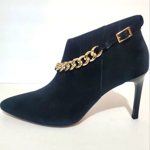 Cecelia New York Zane black suede leather gold chain stiletto ankle boots 8 NWB